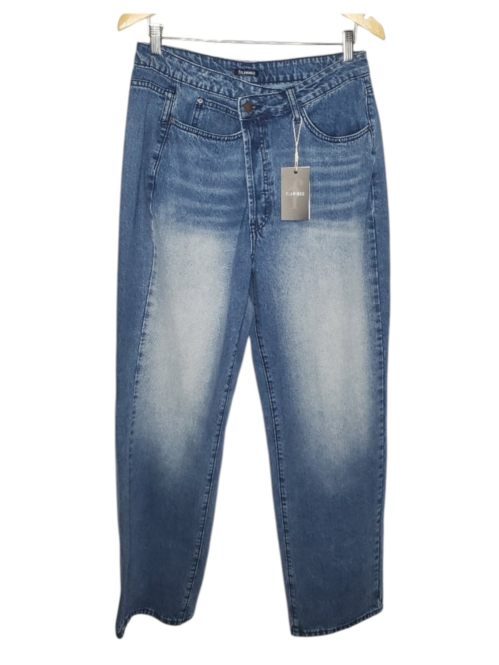 Flamingo Crossover Asymmetrical Waist Barrel Leg Jeans Medium Wash Size L
